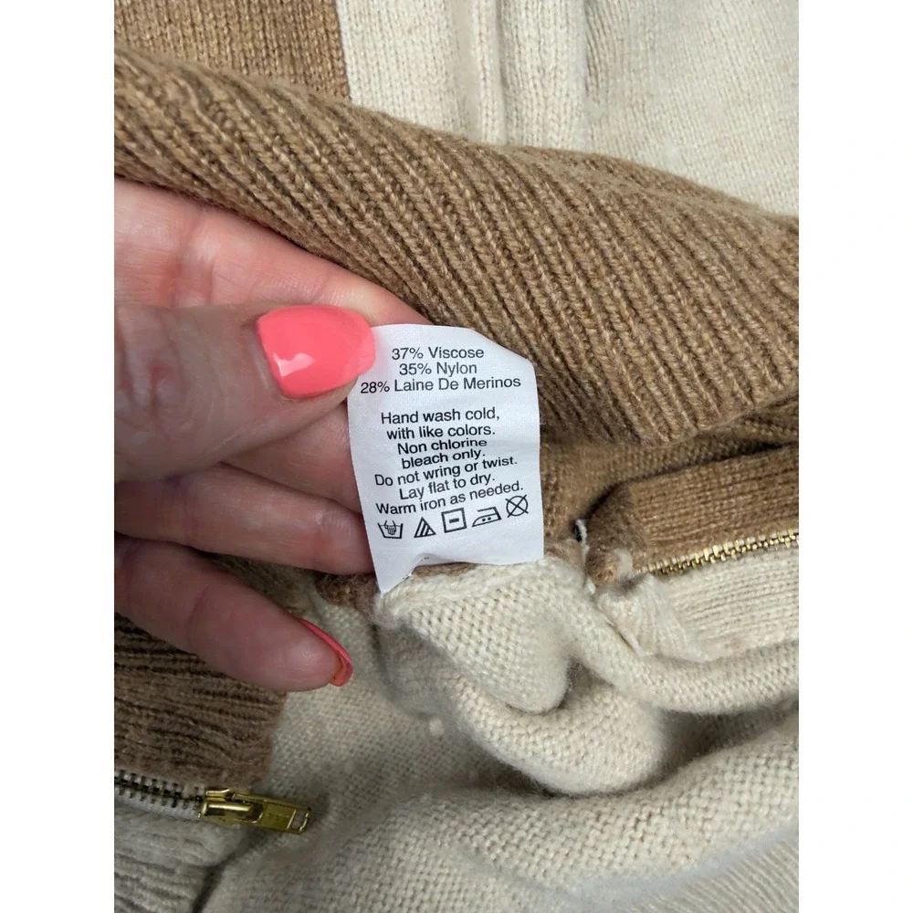 J.Crew Womens XS Colorblock Merino Wool Blend Zipper Accent Sweater Brown Tan